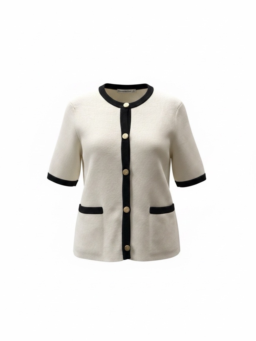 Abercrombie Cream Short-Sleeve Knit Cardigan with Black Trim